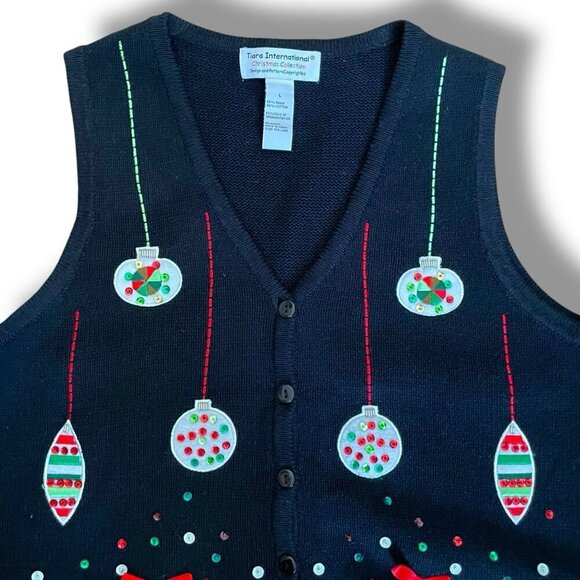 Vintage 90s Womens Christmans Sweater Vest Sz Large Tiara International Beaded - Picture 2 of 8